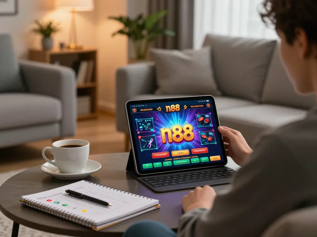 Engaging with the n88 casino app on tablet in a cozy living room | online gambling experience