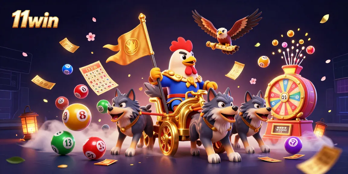 Engage with 11win's exciting visuals featuring a warlord, wolves, and lottery elements.