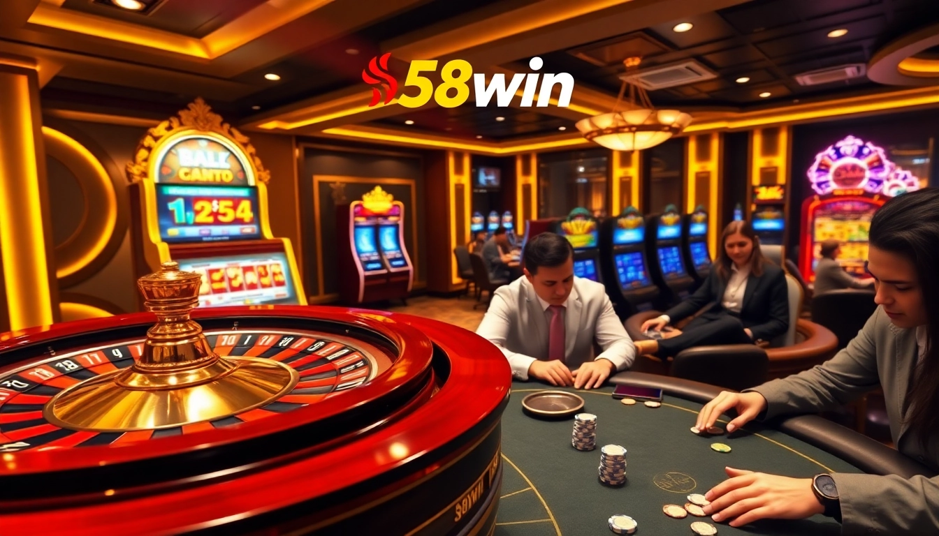 Experience thrilling gameplay at 58win with a luxurious online casino atmosphere filled with excited players and vibrant games.