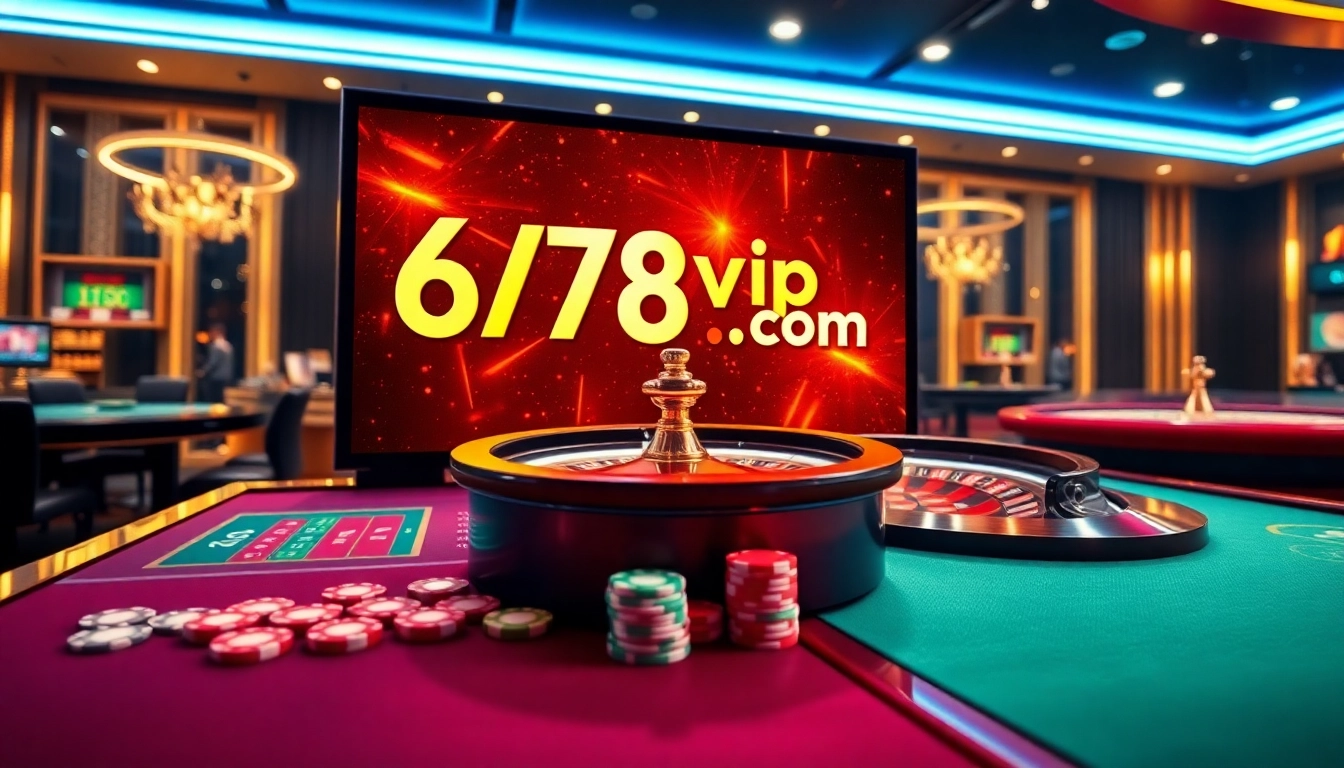A dynamic gambling scene featuring vibrant casino elements and 678vip.com, inviting players with excitement and luxury.