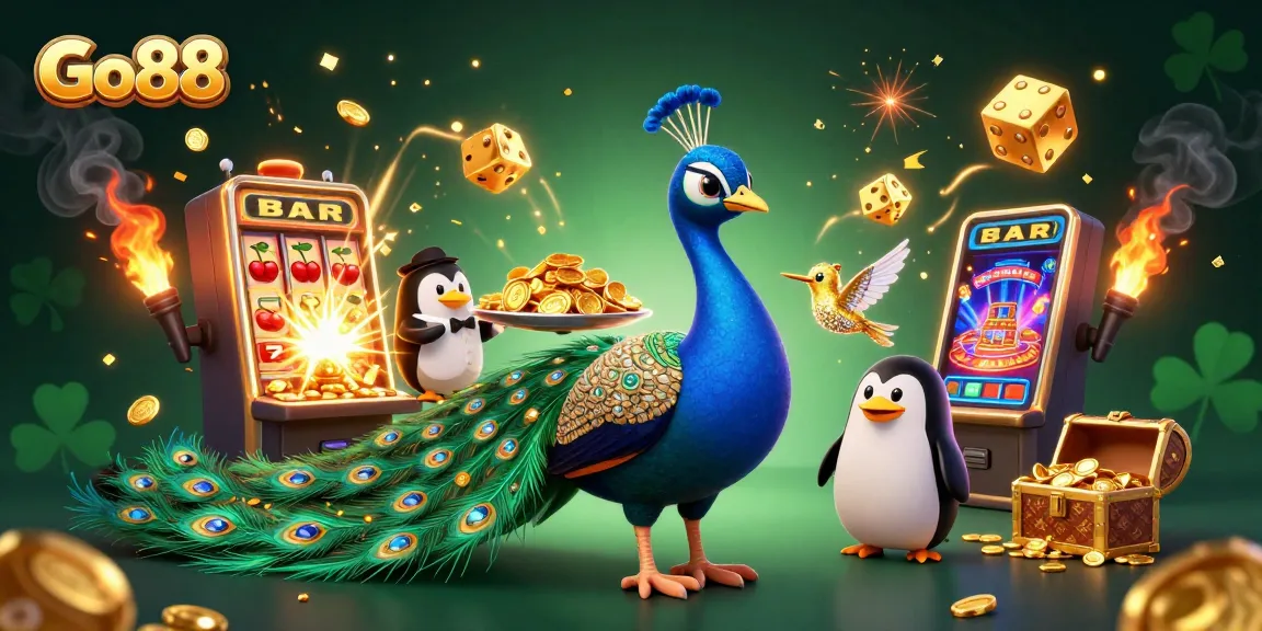 Experience the excitement of Go88 with vibrant casino illustrations showcasing slot machines, a peacock, and golden elements.
