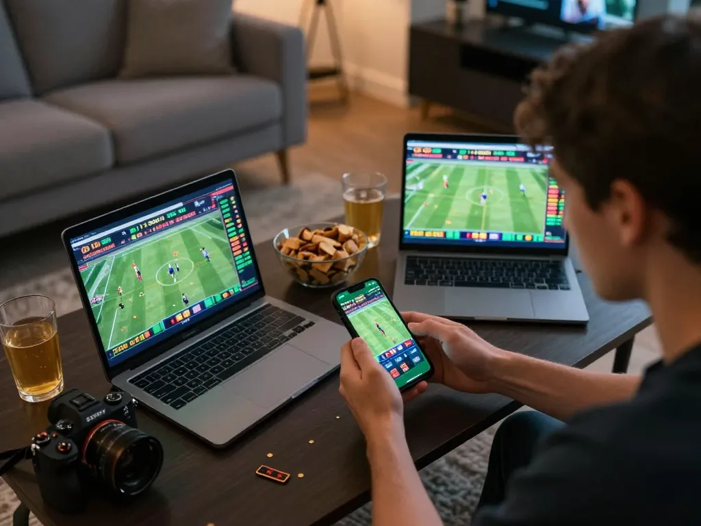 Engaged player utilizing keonhacai for live sports betting on smartphone and laptop