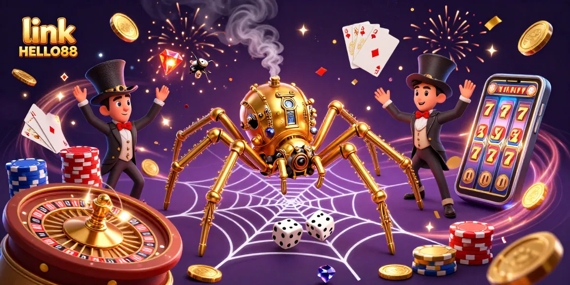 Engage with the excitement of the casino world at link HELLO88, featuring a dynamic 3D illustration.