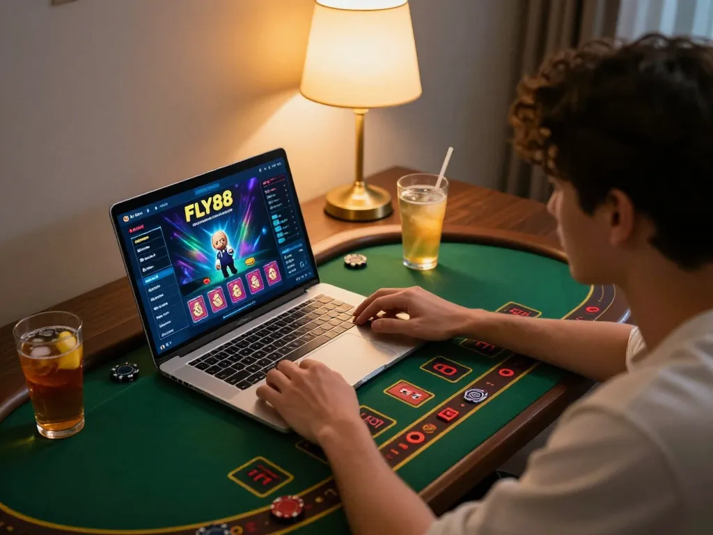 Person enjoying blackjack gameplay on FLY88 platform in cozy home setting.