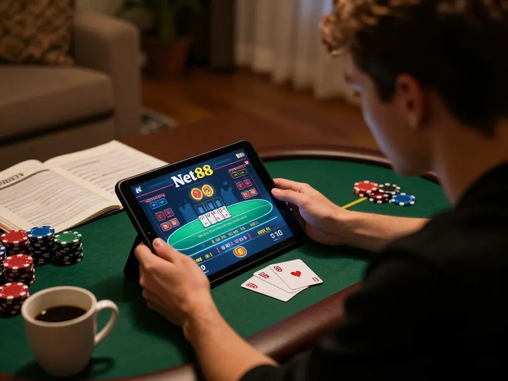 Player enjoying an intense round of Net88 poker while practicing responsible gaming at home.