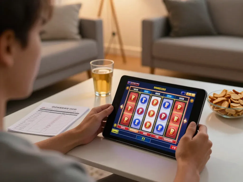 Person playing slot games on f8betlv tablet, showcasing a cozy gaming environment.