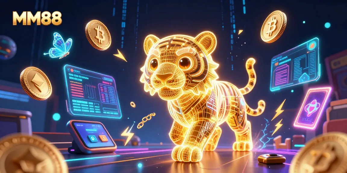 Experience the thrill with MM88's vibrant 3D casino landscape featuring a golden tiger and crypto elements.