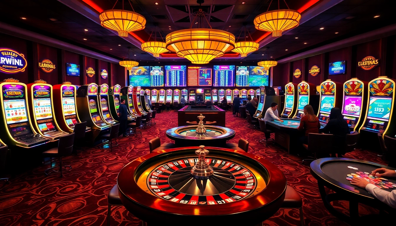 Lucky win at a vibrant casino filled with slot machines and excited players enjoying their games.