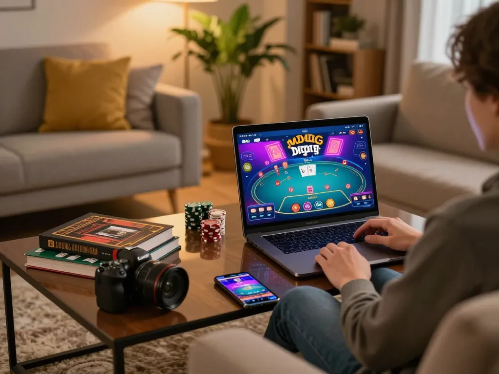 Player strategizing for winning at poker with digitalwala insights in a cozy home gaming setup