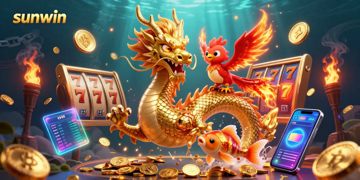 Experience thrilling wins at sunwin with a dynamic casino scene featuring a golden dragon and vibrant game elements.