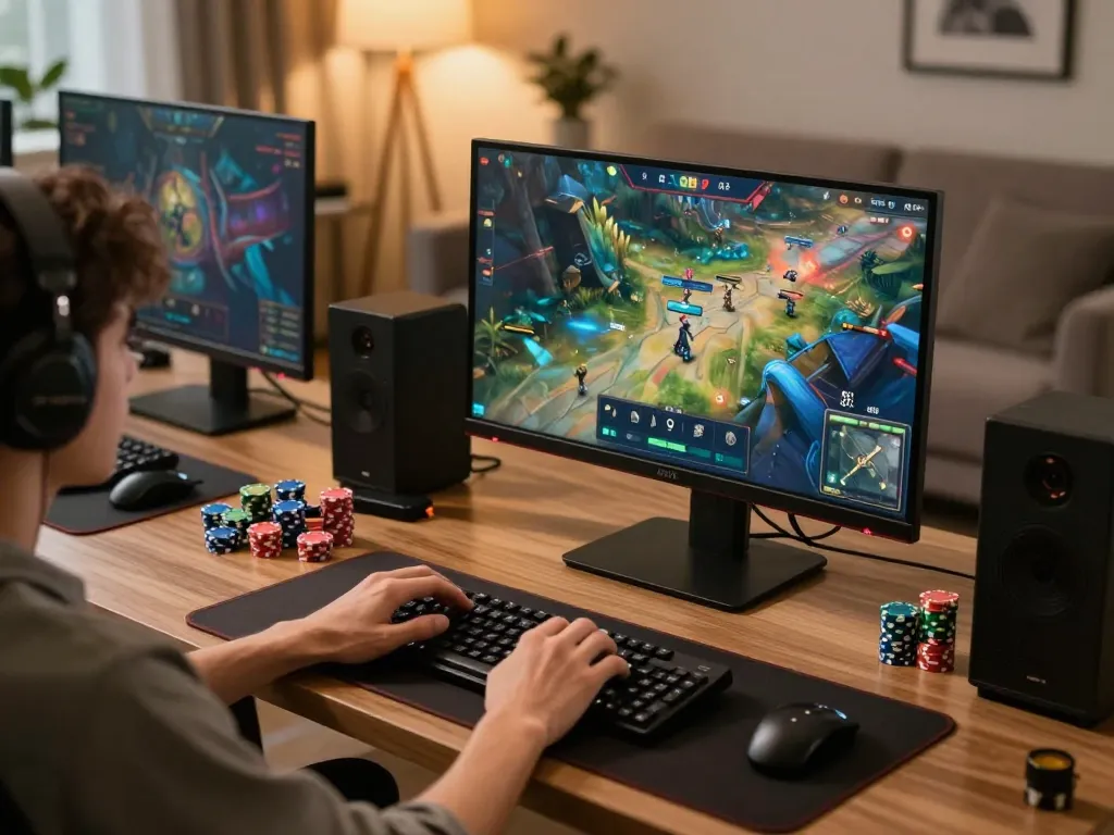 Engaged player using GA 888 online casino with stacked chips in a cozy gaming setup