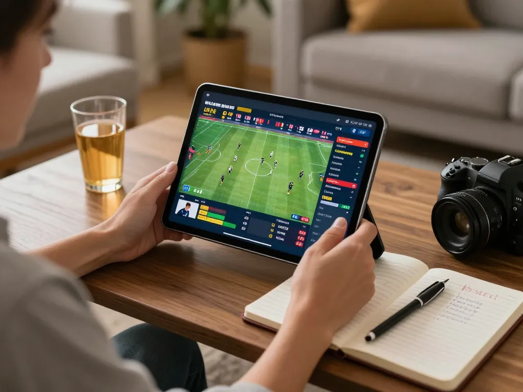 Engaging online sports betting scene showing kèo nhà cái 5 odds on a tablet in a cozy living room.