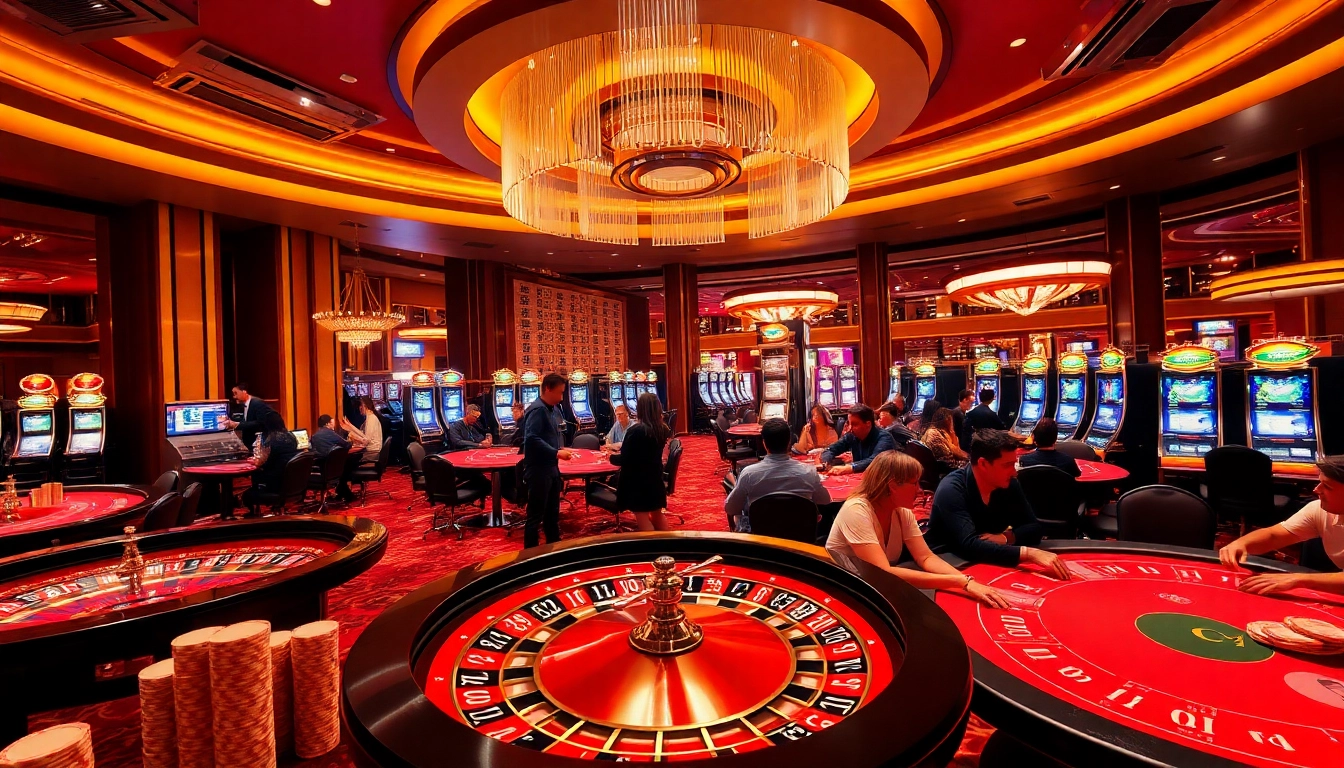 Experienced players enjoying games at x88com's luxurious casino floor with poker tables and roulette.