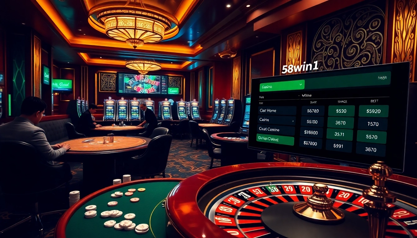 Playing poker and betting on 58win1 in a luxurious casino setting.
