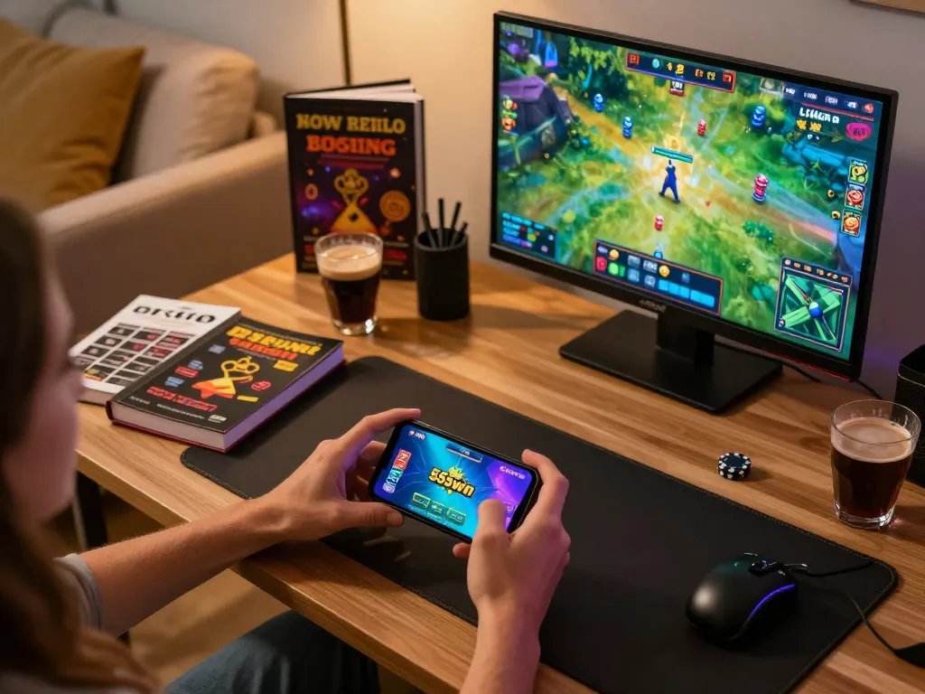 Engaging with the 555win casino app for strategic online gaming in a cozy home setting.