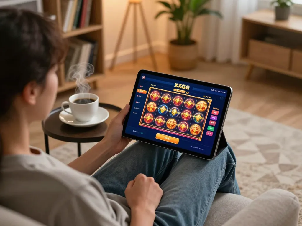 Player engaging in online gambling with the XXGG app on a cozy sofa, showcasing an immersive gaming experience.