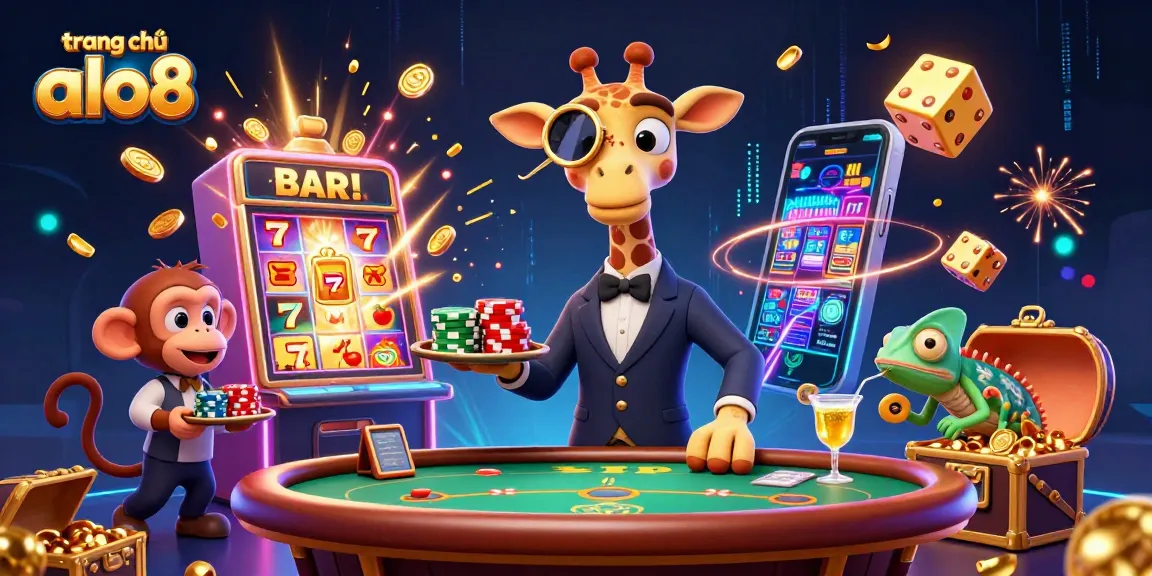 Experience the excitement of trang chủ alo8 with a high-roller giraffe, a monkey valet, and casino game elements.