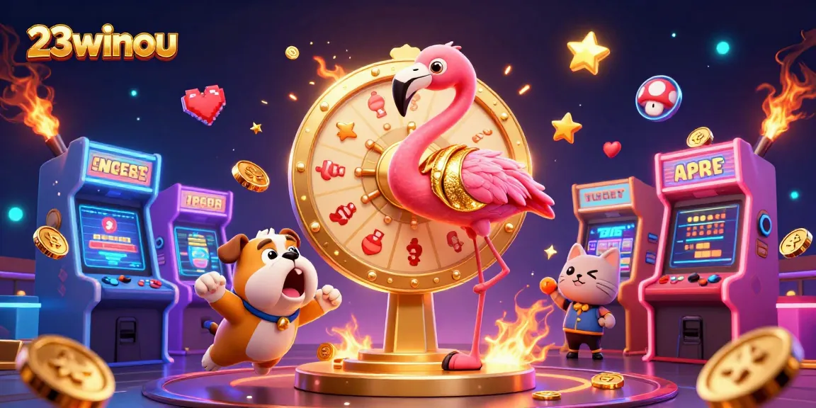 Spin to win with 23winou at an exciting gaming showdown featuring vibrant characters and casino elements.