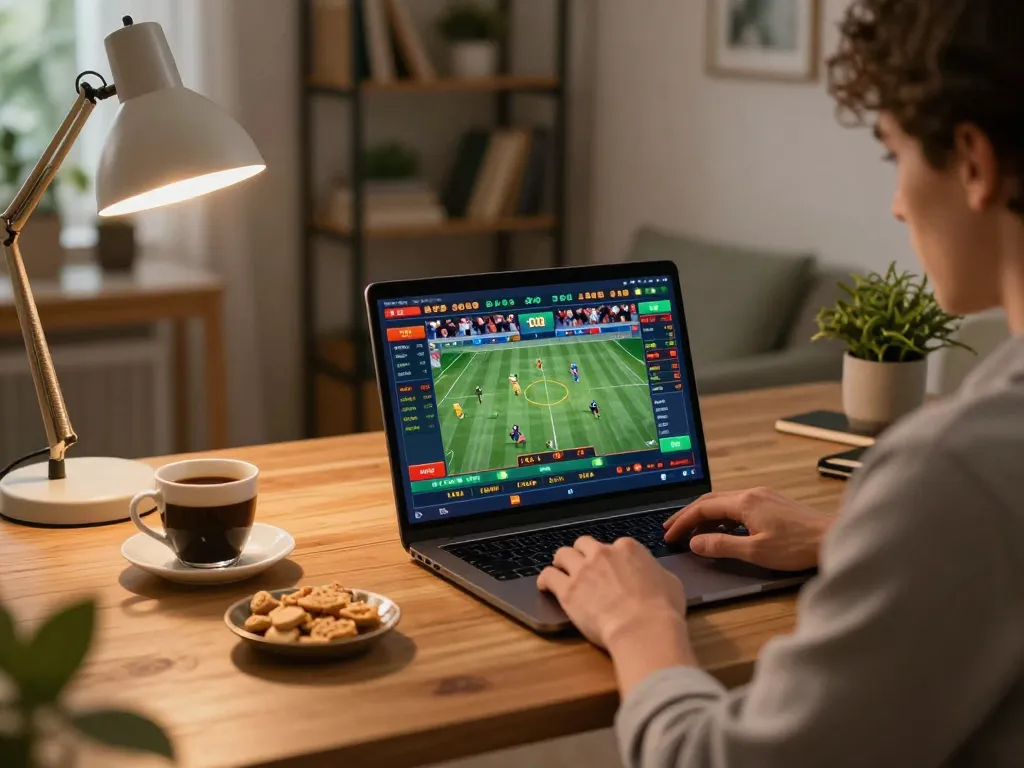 Engaging in sports betting at home with Nhà cái HO88 on a laptop, capturing a thrilling online gambling moment.