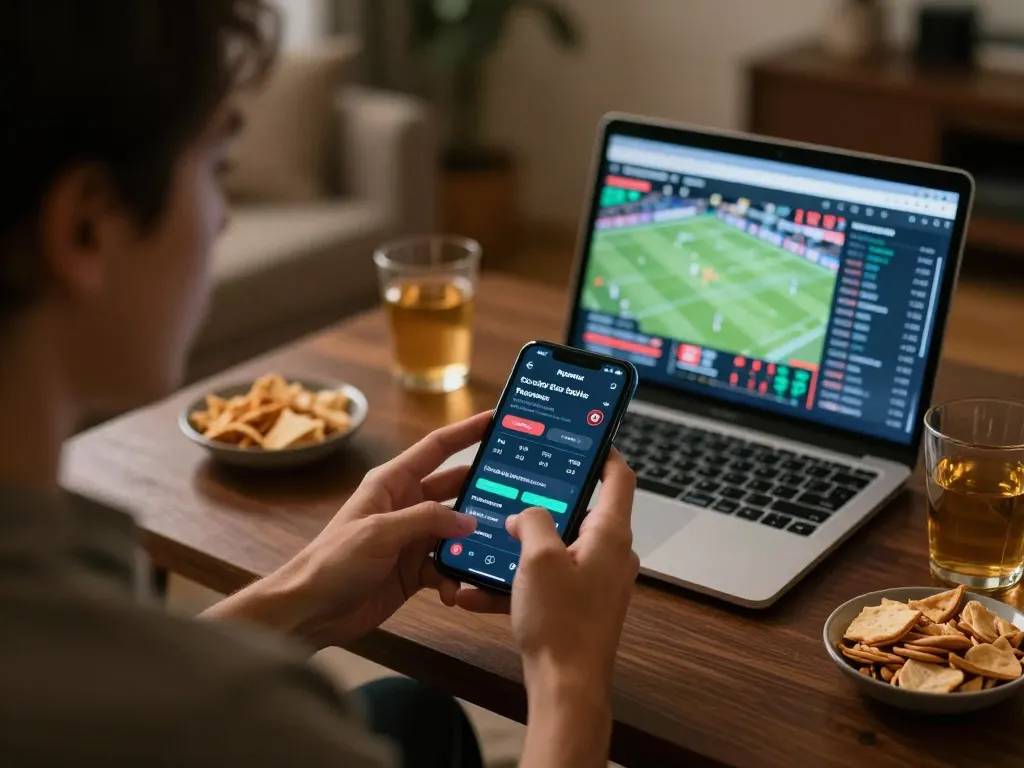 Engaging with nowgoal app for online sports betting in a cozy home setting