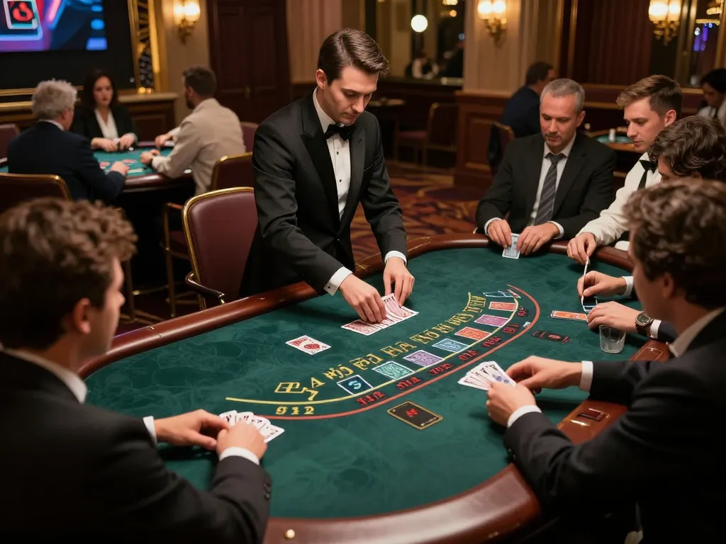 Players strategizing at king88 blackjack table in a luxurious casino setting