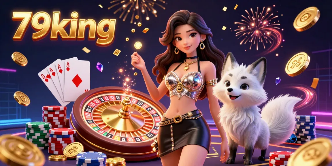 Engage in dynamic casino fun with 79king amidst coins and vibrant games.