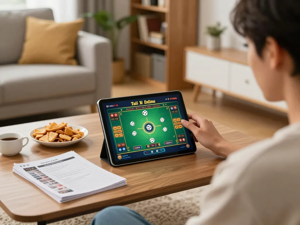 Engaging in tai xiu online on a tablet in a cozy living room filled with snacks and strategy notes.