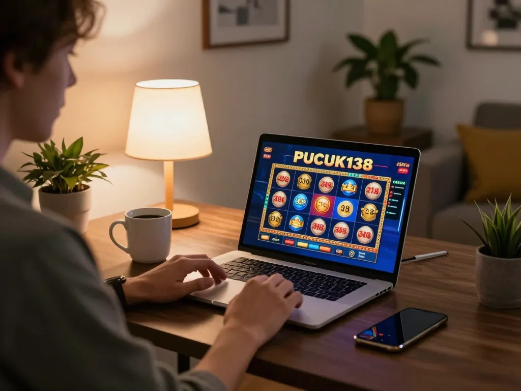 Engaging player enjoying PUCUK138 slot game on a laptop, showcasing modern home gaming experience