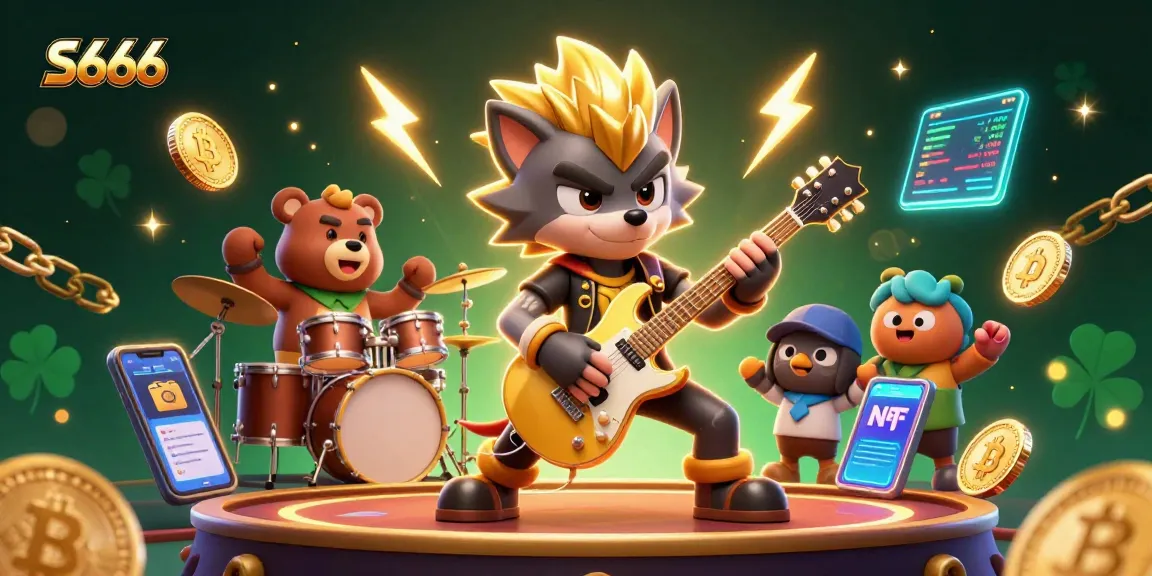 S666 captivates players with a dynamic casino scene featuring a rock star wolf and a drummer bear amidst sparkling coins.