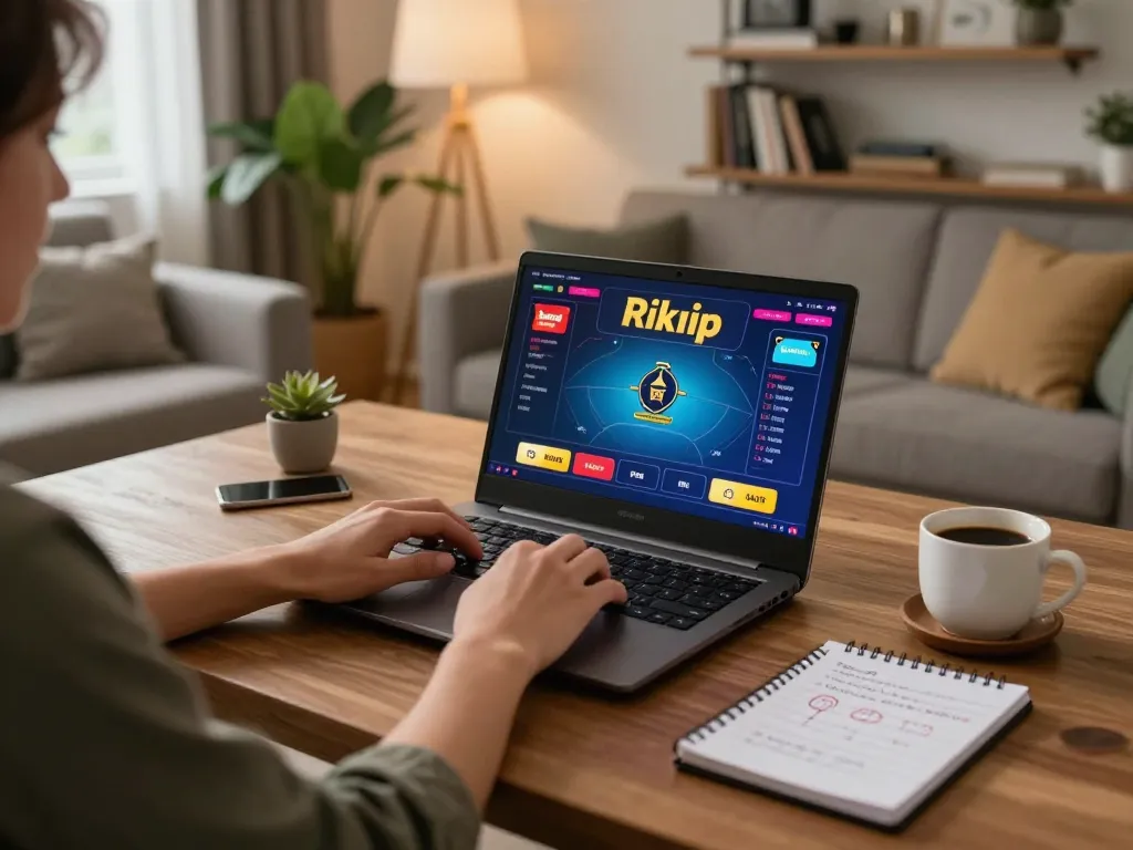 Engaging player enjoying a rikvip poker game on a laptop at home, surrounded by comfortable decor