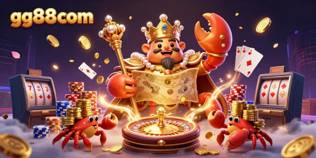 Engage with the vibrant scene of gg88com showcasing a golden crab emperor amidst spinning roulette wheels and cascading coins.
