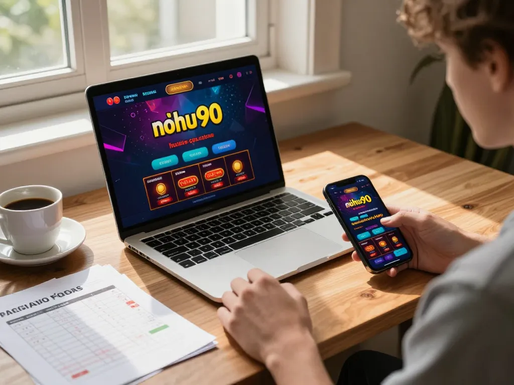 Engaging nohu90nohu casino gameplay displayed on a stylish laptop in a cozy home setting.