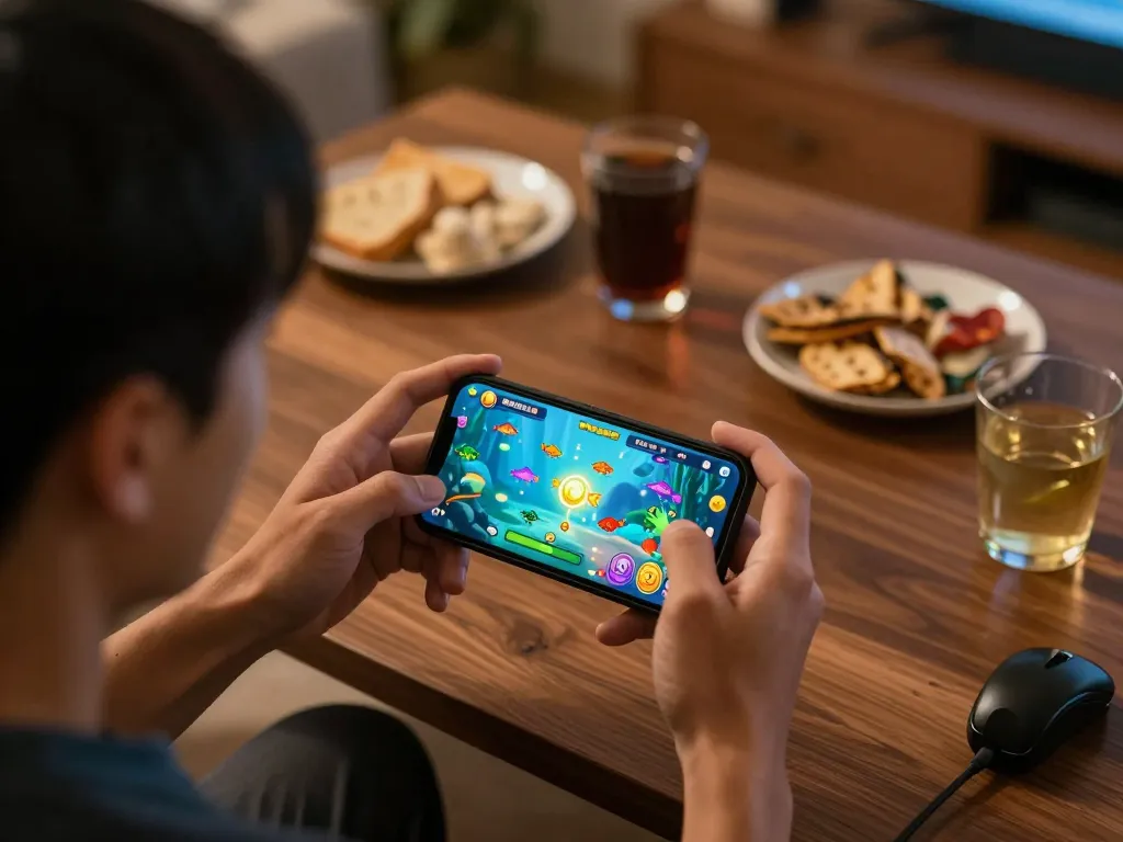 Bắn cá đổi thưởng gameplay with a player focused on smartphone rewards while enjoying a cozy home environment