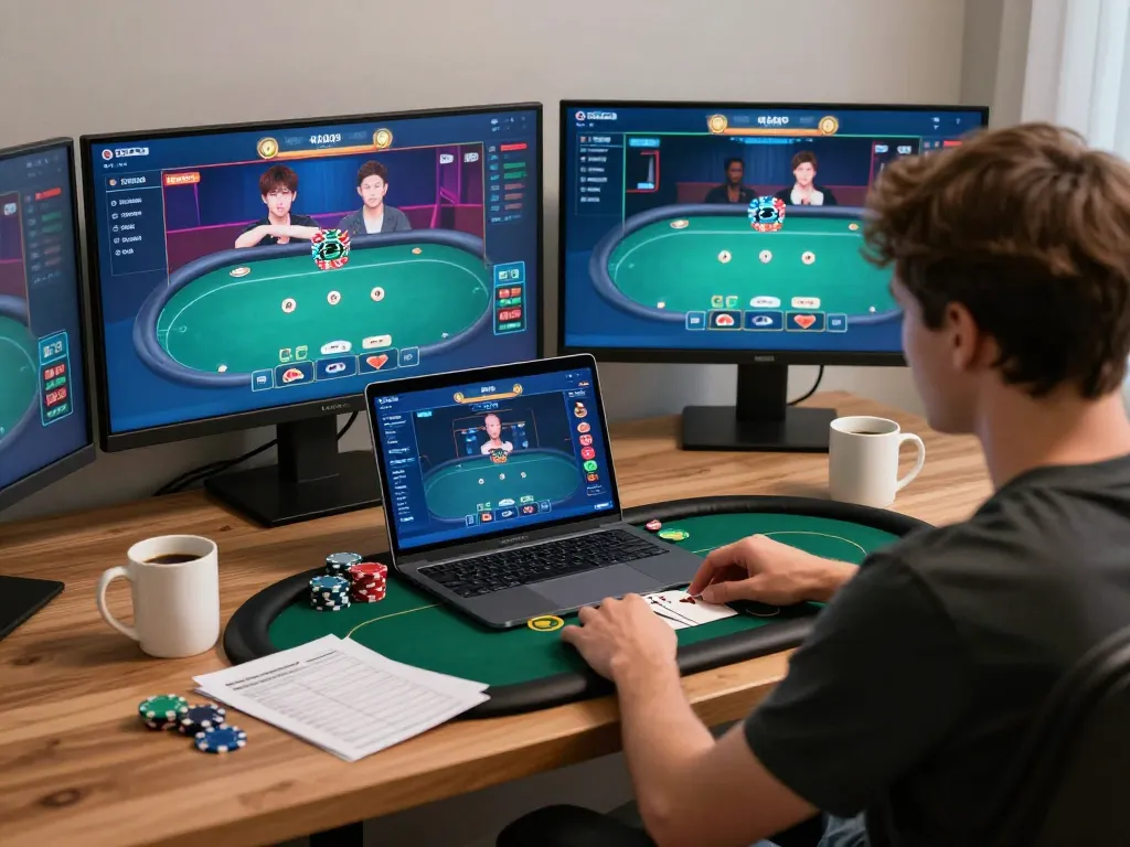 Online poker action on a gaming laptop showcasing okfun interface with strategic betting options.