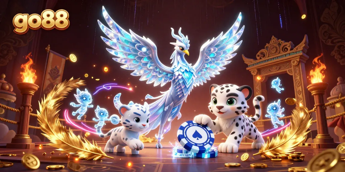 Engage with go88's dynamic ice-themed casino scene featuring vibrant characters and gambling elements.