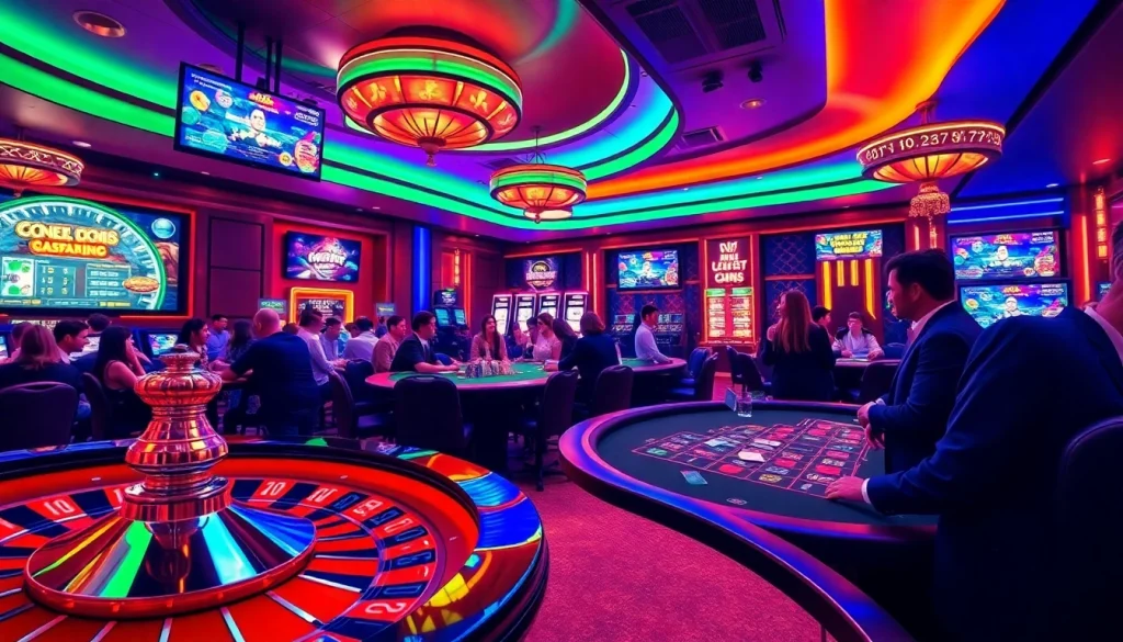 A thrilling scene from https://five88.za.com/ showcasing a busy casino floor with poker chips and spinning roulette wheels, creating a luxurious gambling atmosphere.