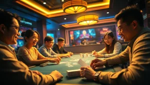 Dynamic online gaming scene at topgamebaidoithuong.mx showcasing players enjoying card games with vibrant visuals.