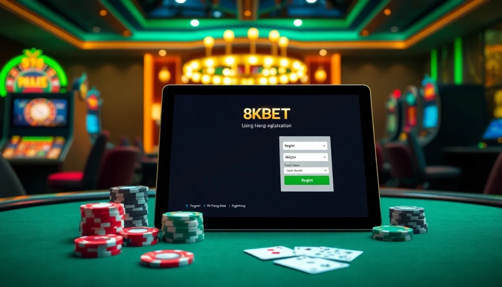 Register for Đăng ký 8KBET at a luxurious poker table with vibrant slot machines.