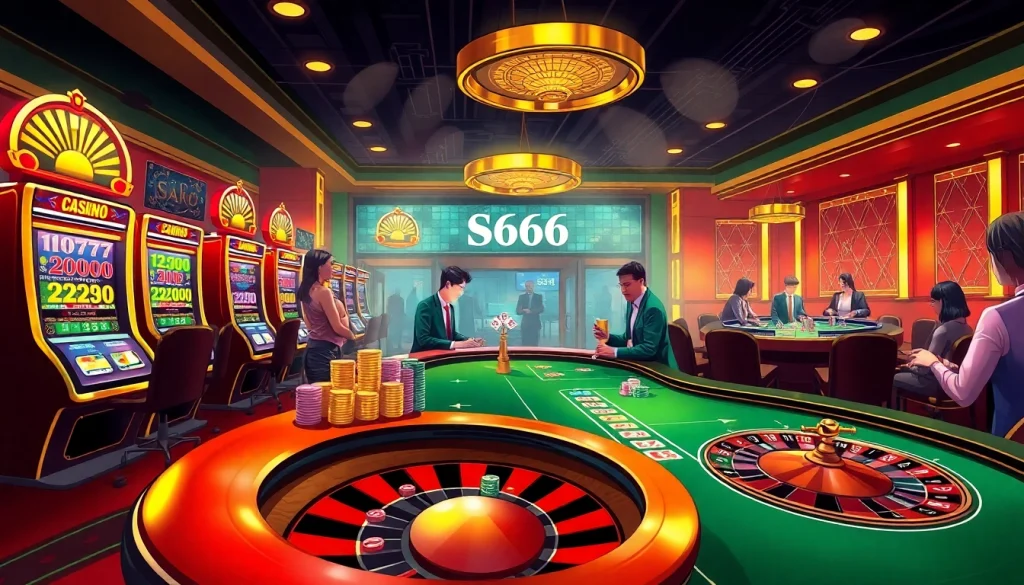 S666 casino scene with players at poker and slot machines showcasing excitement and strategy