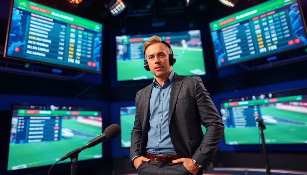 Engaging scene of a sports broadcaster delivering live updates in Sports Broadcasting studio.