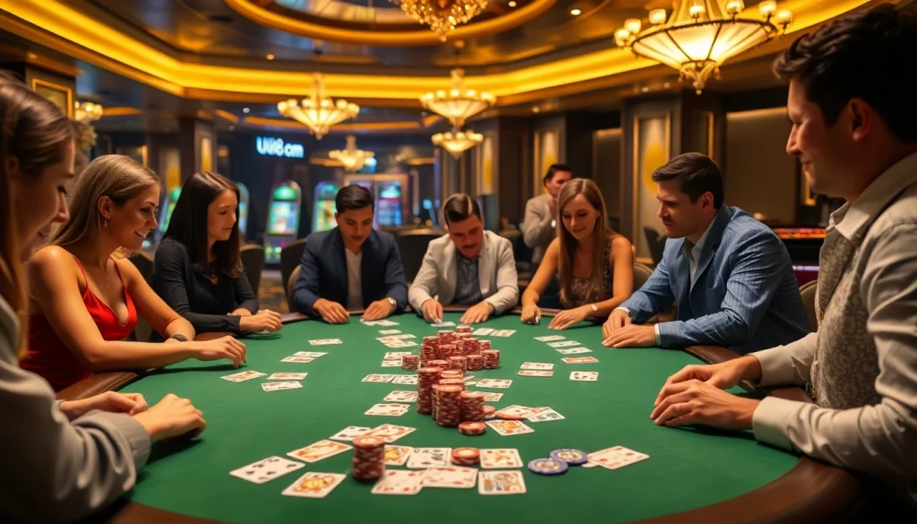 Exciting poker game at uu88. com with vibrant chips and engaging players.