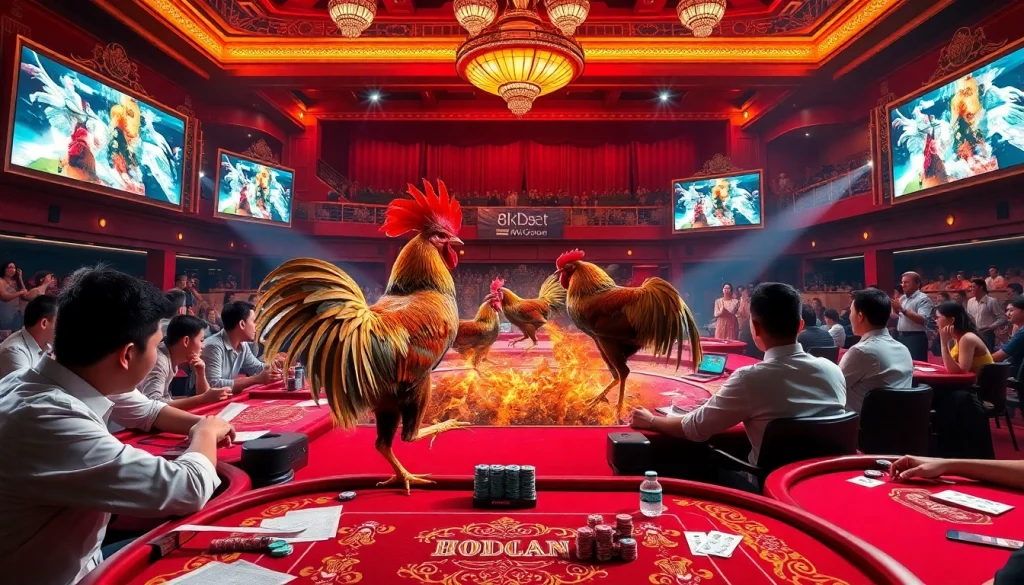 Experience intense battles at Đá gà 8KBET with gamblers engrossed in dynamic cockfights and colorful betting.