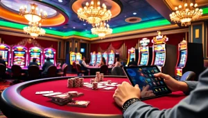 Rik vip players enjoying a thrilling poker game at an upscale casino table with vibrant decorations.