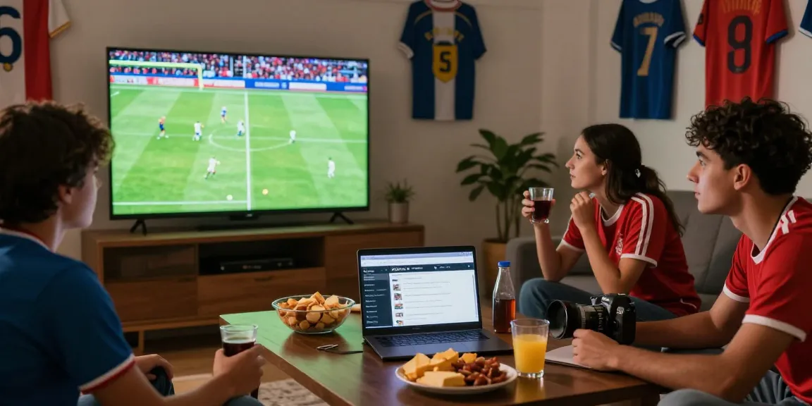 Xem Bóng Đá Cakhia as soccer fans cheer around a TV, enjoying a live match.